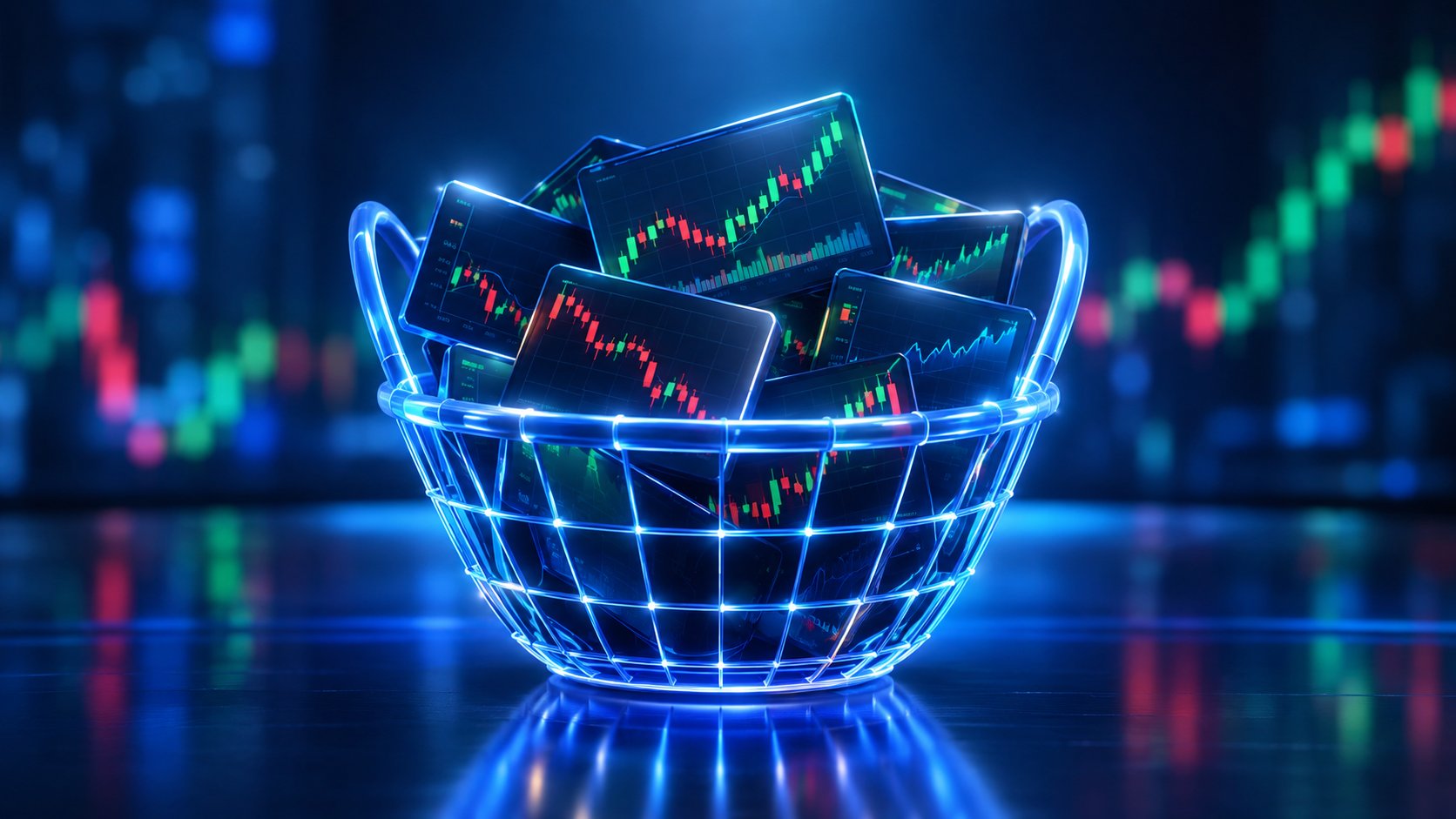 Basket made of glowing lines holding multiple mini stock charts